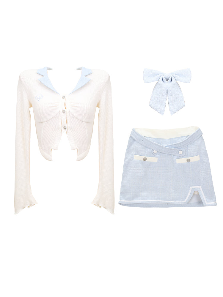 Serendipity Sweet Sexy Pastel Blue Bow White Shirt & Mini Skirt Two Piece Set