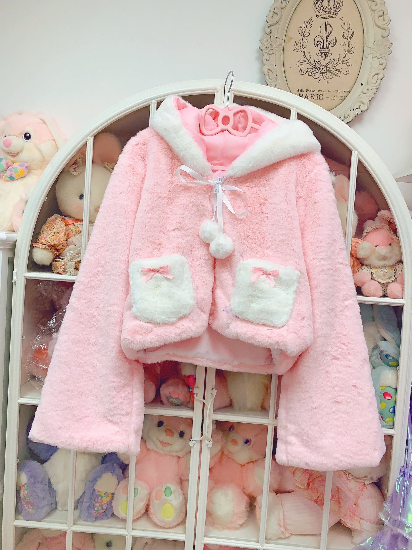 Candy Fairy Rabbit Ears Pastel Pink Blue Pompom Winter Hooded Jacket