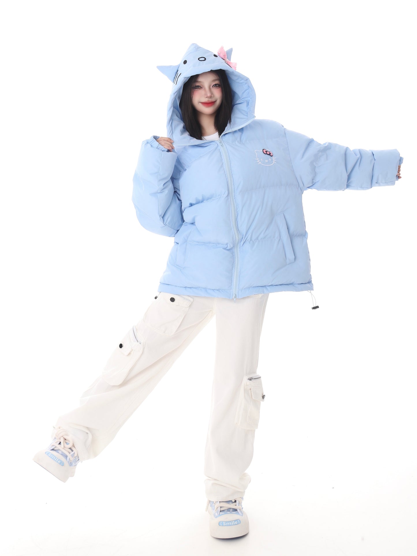 Pink White Blue Cartoon Kitty Cat Winter Thick Padded Puffer Jacket