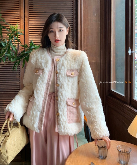 Winter Luxury Elegant Chic Plush White Tweed Pink Jacket