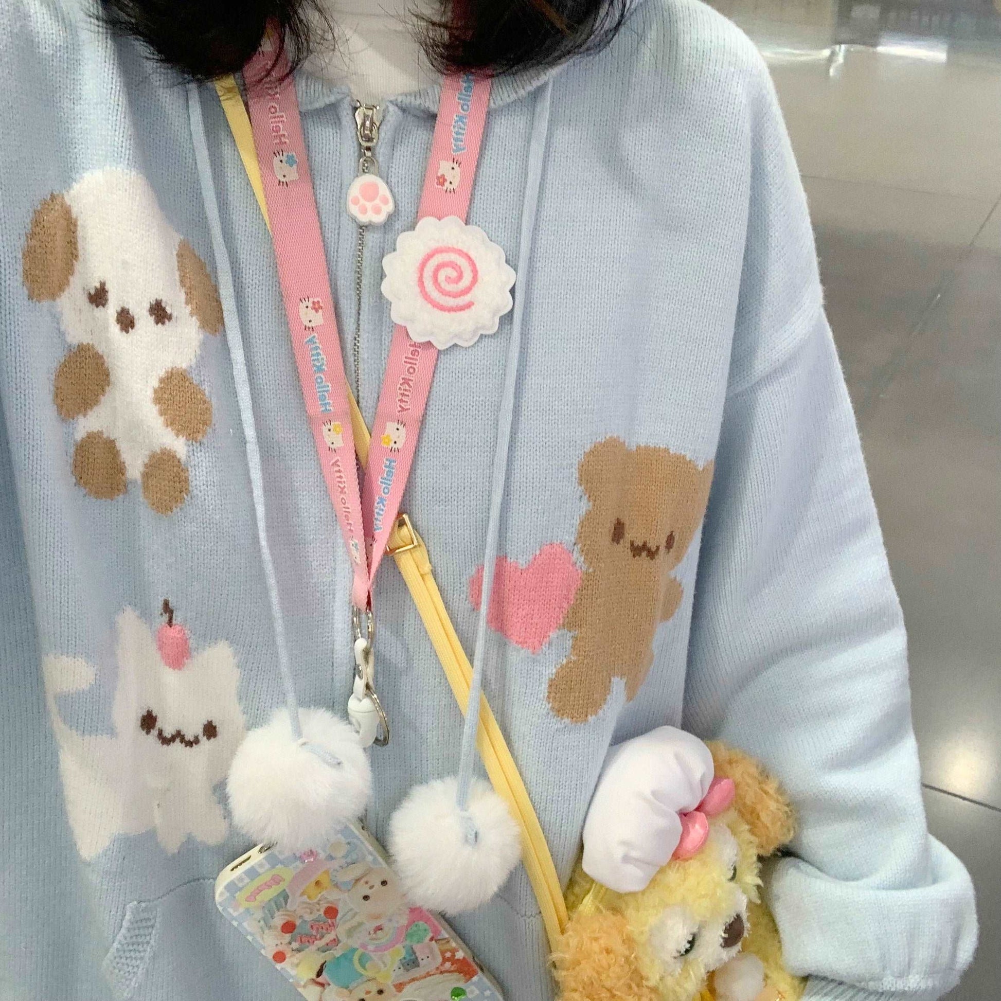 Cute Blue Y2K Puppy Cat Love Knit Hoodie Jacket