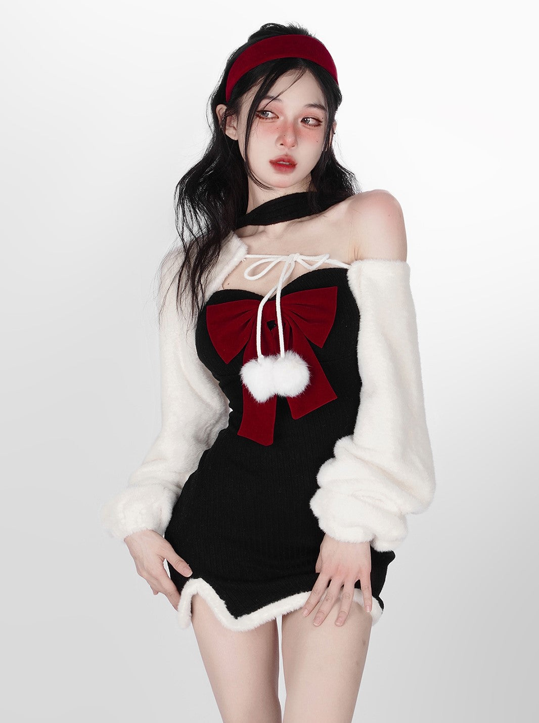 Young Eyes Sexy Black Bondycon Red Bow Black Dress & White Pompom Jacket Winter Two Piece Set