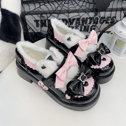 Winter Plush Lolita Bow Cat White Pink Blue Black Shoes