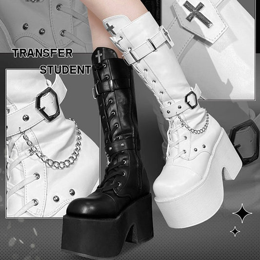 Transfer Student Vampire Shackles Cross Black White Tall Boots Shoes