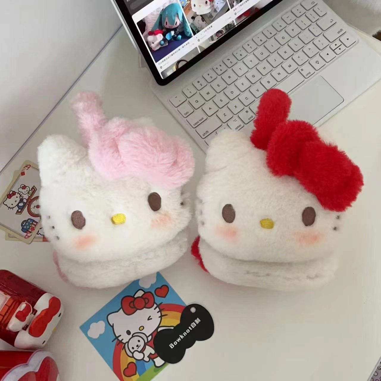 Cute Kitty Cat Red Pink White Plush Winter Earmuffs