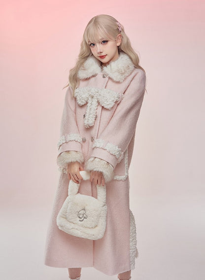 Serendipity Winter Pink Plush Long Woolen Coat & Mini Skirt Two Piece Set