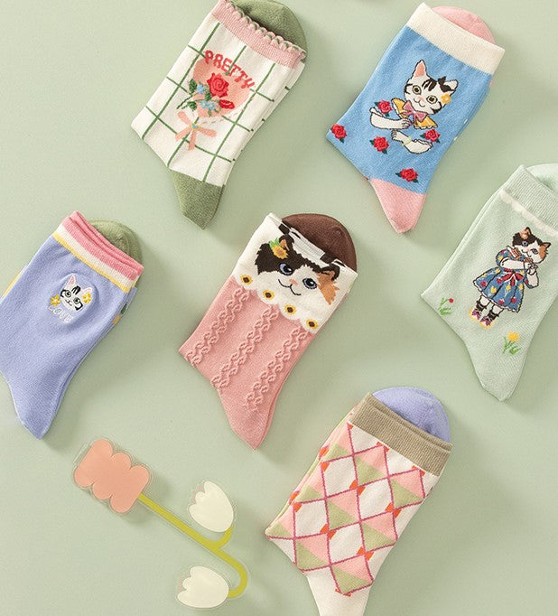 Cute Calico Cat Colorful Cotton Socks 6 Patterns Pairs Sets