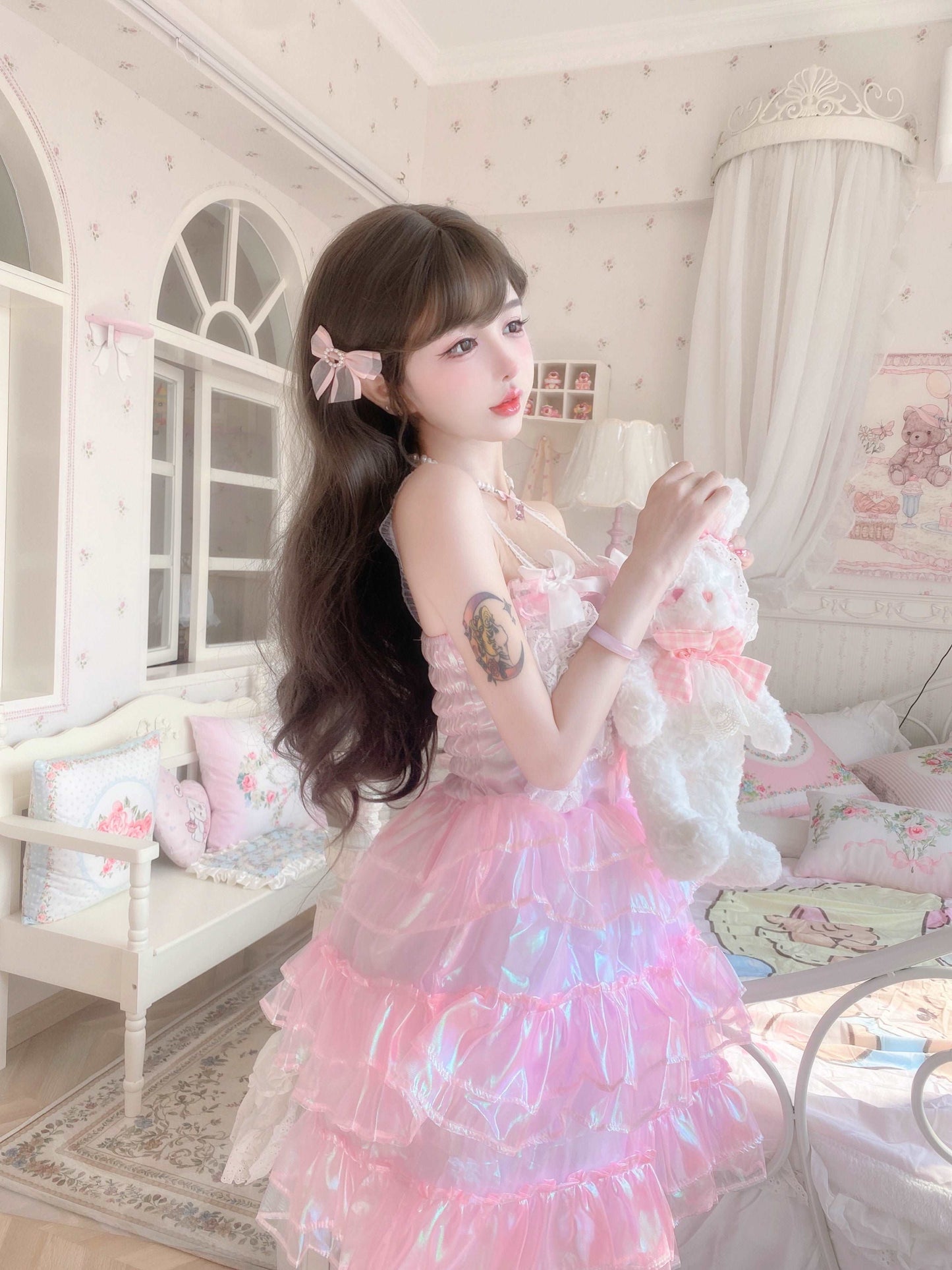 Candy Fairy Sweet Pink Princess Party Sparkling Ruffled Layered Dress