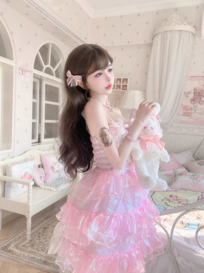 Candy Fairy Sweet Pink Princess Party Sparkling Ruffled Layered Dress