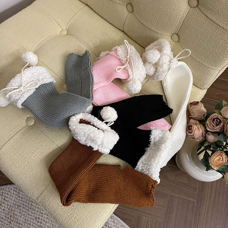 Autumn Winter Velvet Wool Knit Fur Ball Leg Calf Warmers