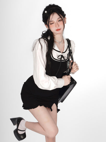 Young Eyes First Love Diary White Sailor Collar Shirt & Black Suspender Dress Two Piece Set