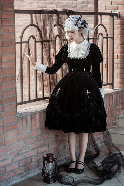 Cross Hymn Black Gothic Lolita Long Sleeve Velvet Dress