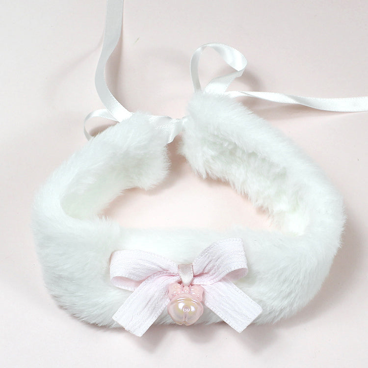 Lolita EGL White Plush Pink Bow Cat Neko Bell Collar Necklaces Choker