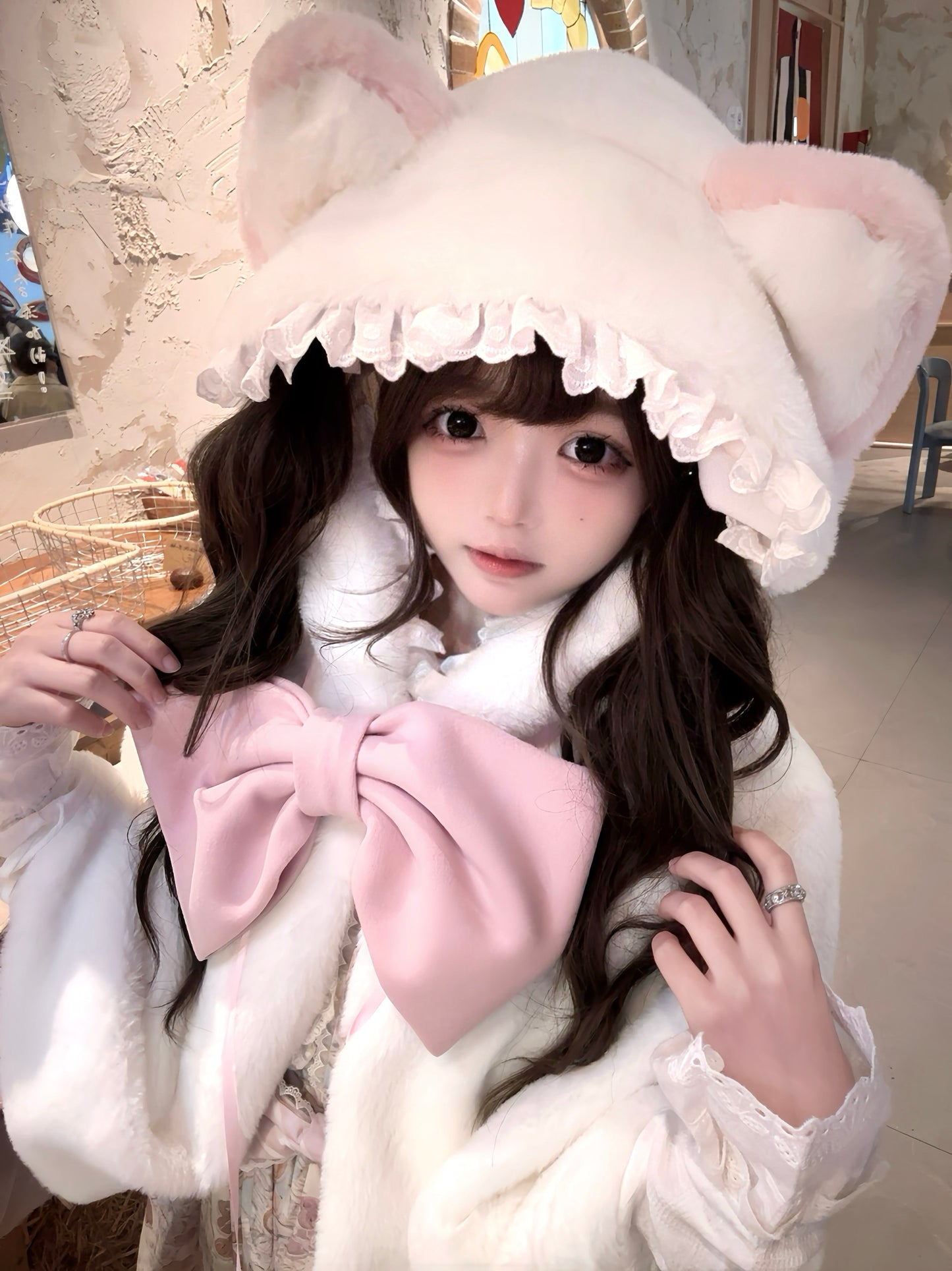 Lolita Meow Meow Car Ears White Plush Jacket Cape