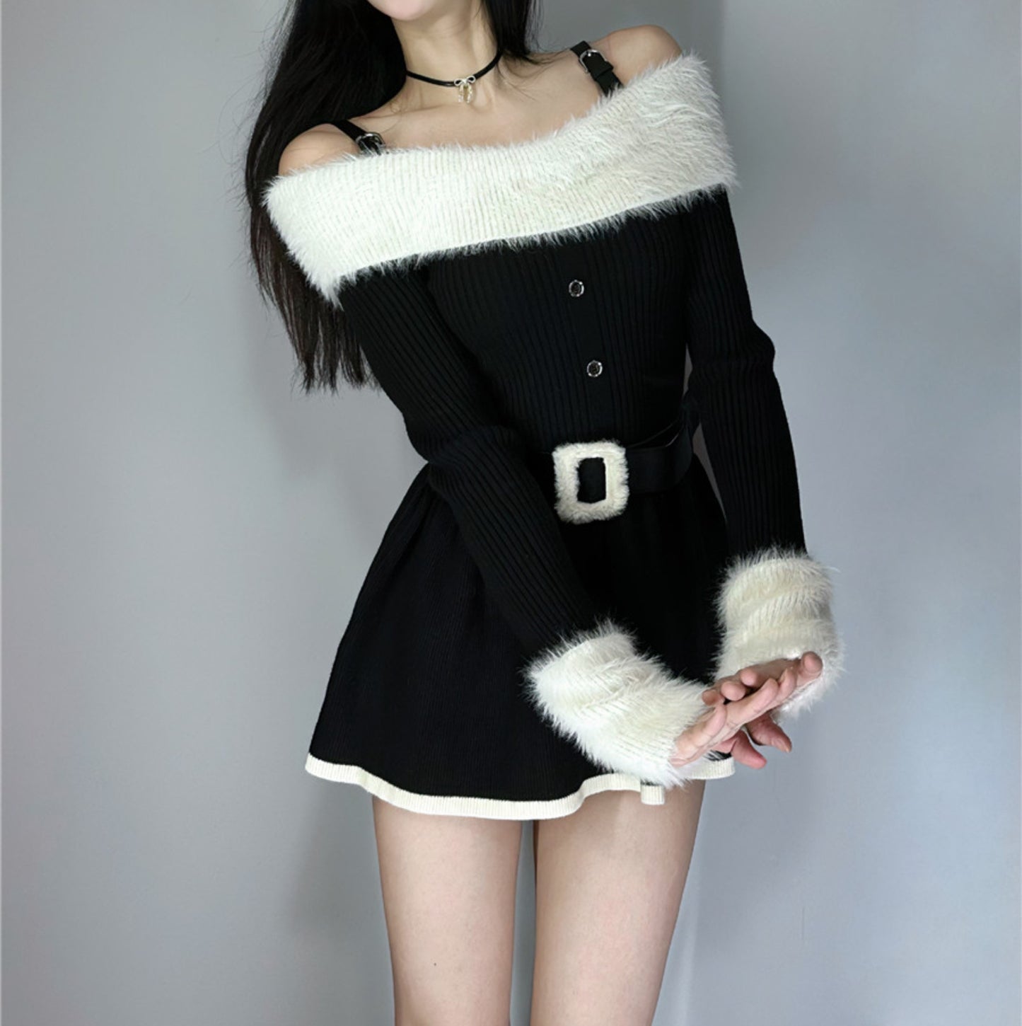 Off Shoulder Autumn Winter Luxury Chic Knit Black White Dress