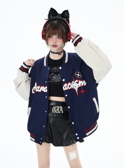 Crazy Girl Navy Blue Retro Baseball Jacket Skirt Two Piece Set