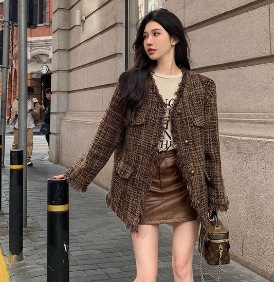 Autumn Classy Fringed V-Neck Brown Tweed Jacket