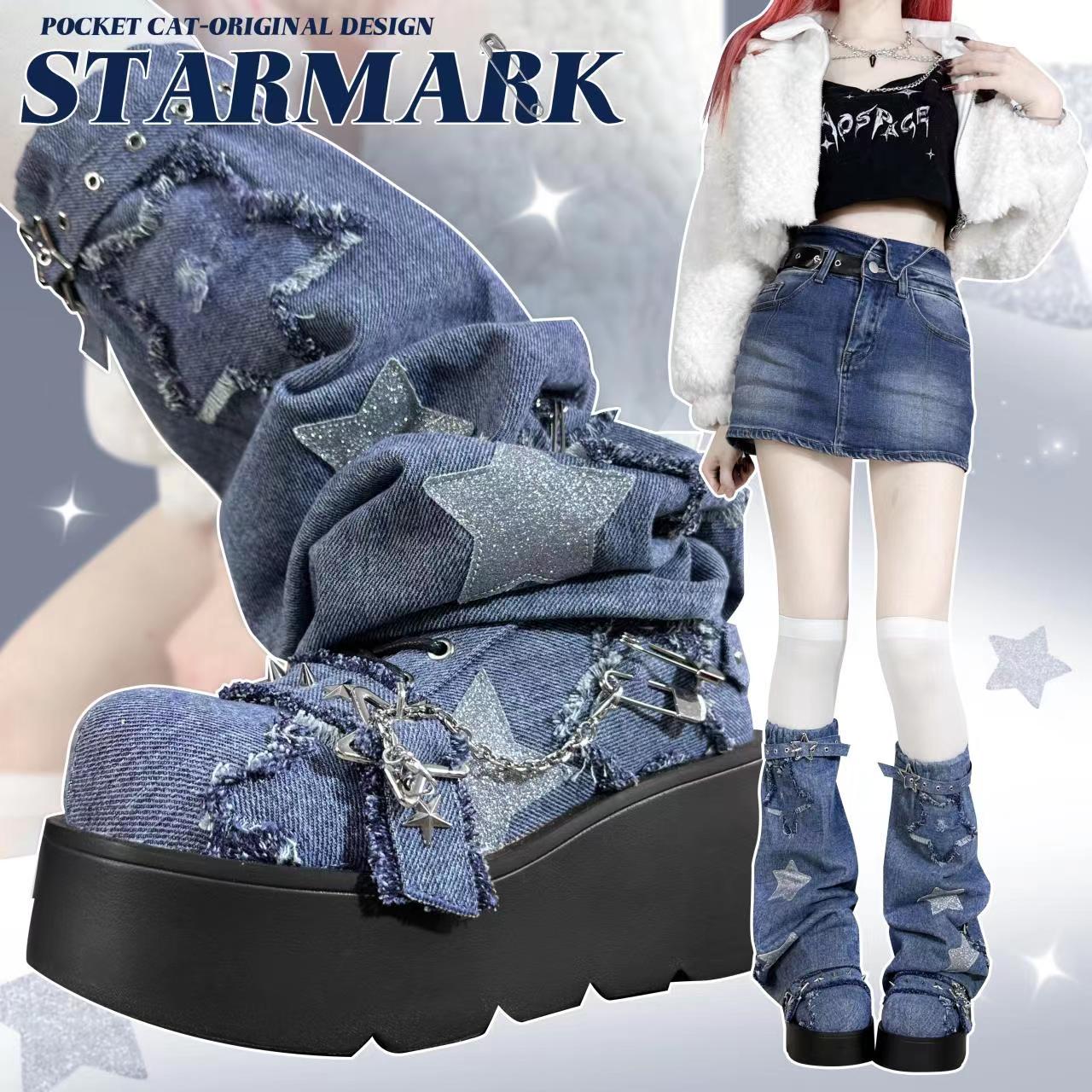 Pocket Cat Star Mark Black White Denim Blue Leg Warmers