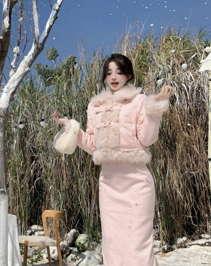 Winter Pink Sweet Girl Suede Fur Jacket & Skirt Two Piece Set