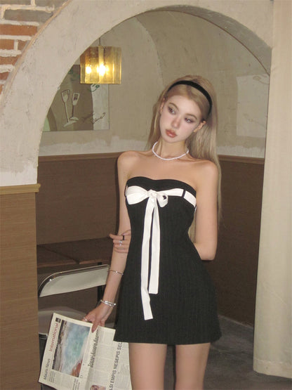 Creamy Sweet Sexy Chic White Bow Strapless Little Black Dress