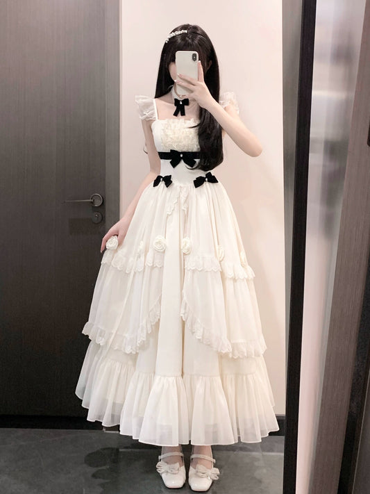 Platycodon Girls Elegant Rose Lady Cream Black Lolita Long Dress