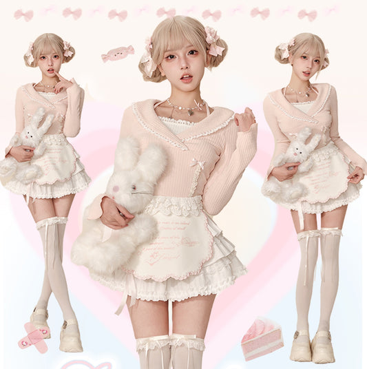 Serendipity Dessert Pink Knit Sweater Top & White Apron Ruffled Skirt Two Piece Set