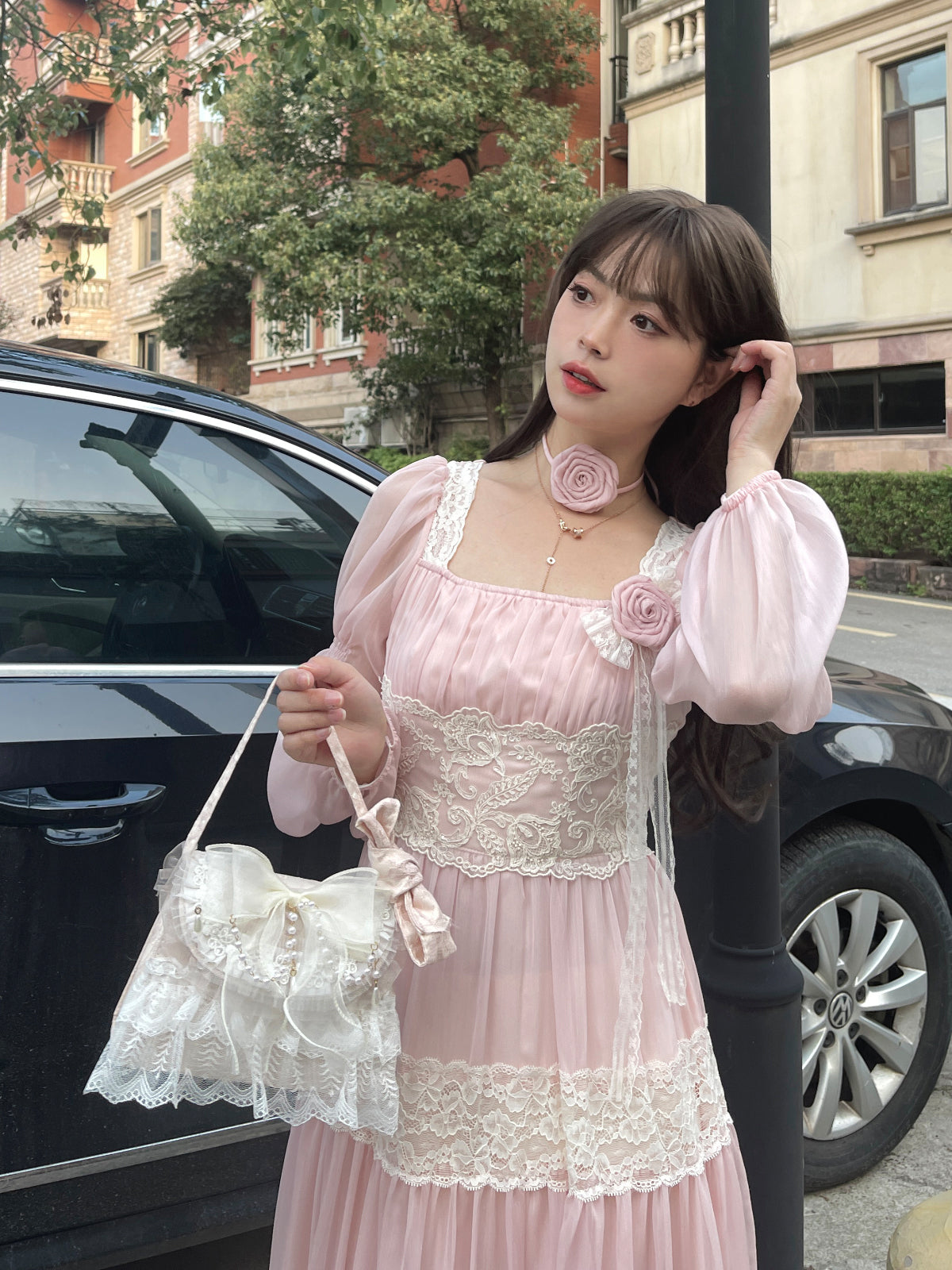 Ruellia Rose Fairy Pink Square Collar Long Sleeve Long Dress