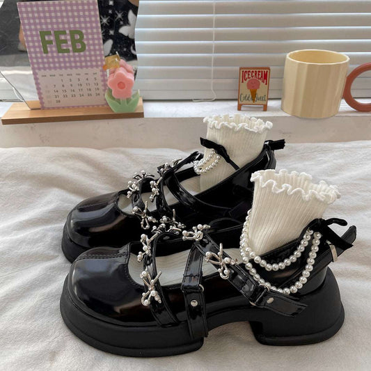 Black Bow Pearl Decorated Mary Jane Thick Sole Shoes