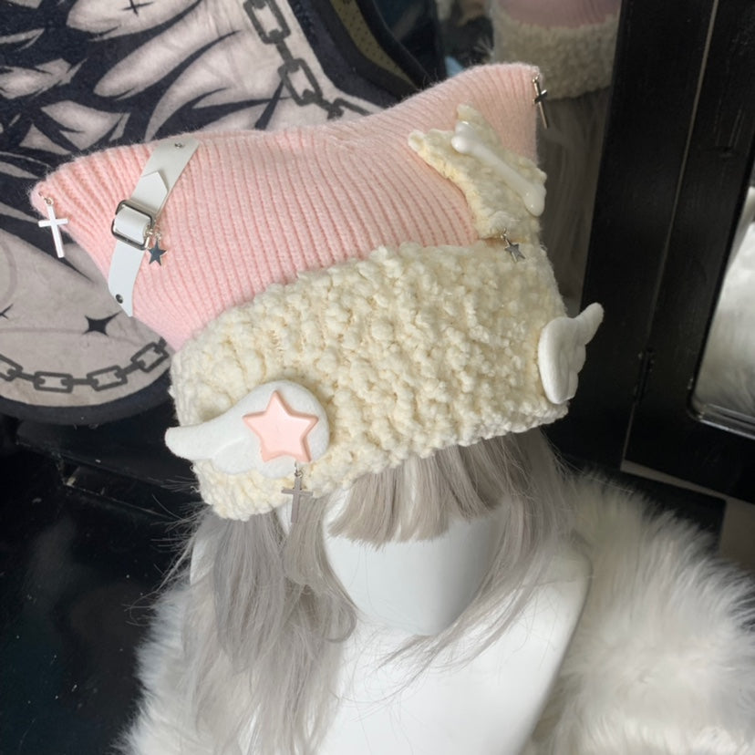 Y2K Star Cross Angel Wings White Cat Ear Knit Soft Pastel Blue Beanie