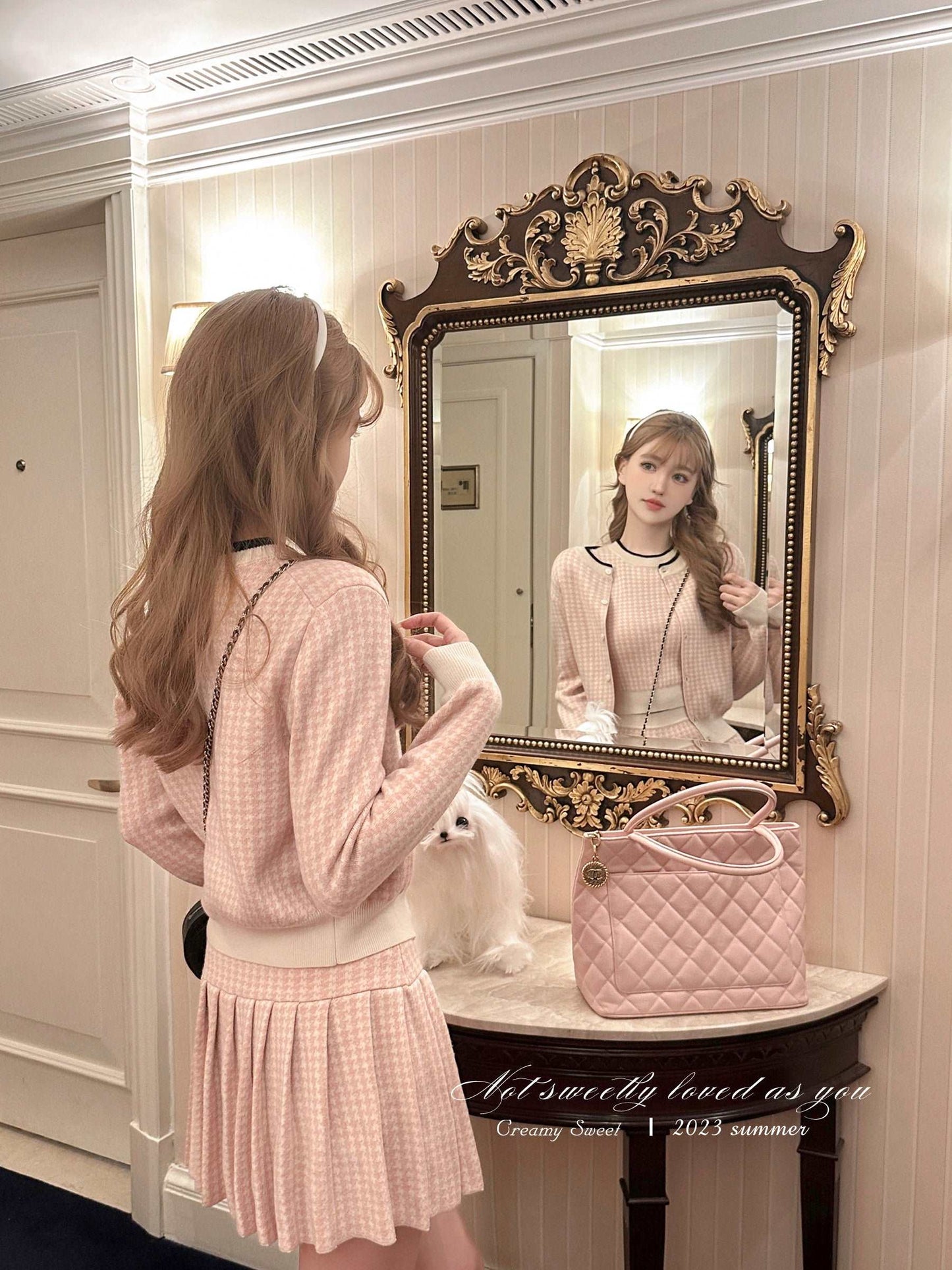 Creamy Sweet Houndstooth Knit Pink Vest Cardigan Pleated Skirt Three Piece Set