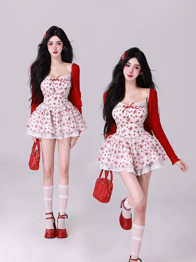 Kiki Cherry Cheese Polka Dot Pink Blue Red Strap Dress