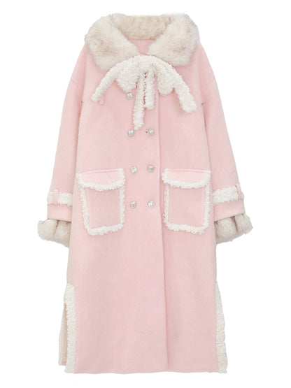 Serendipity Winter Pink Plush Long Woolen Coat & Mini Skirt Two Piece Set