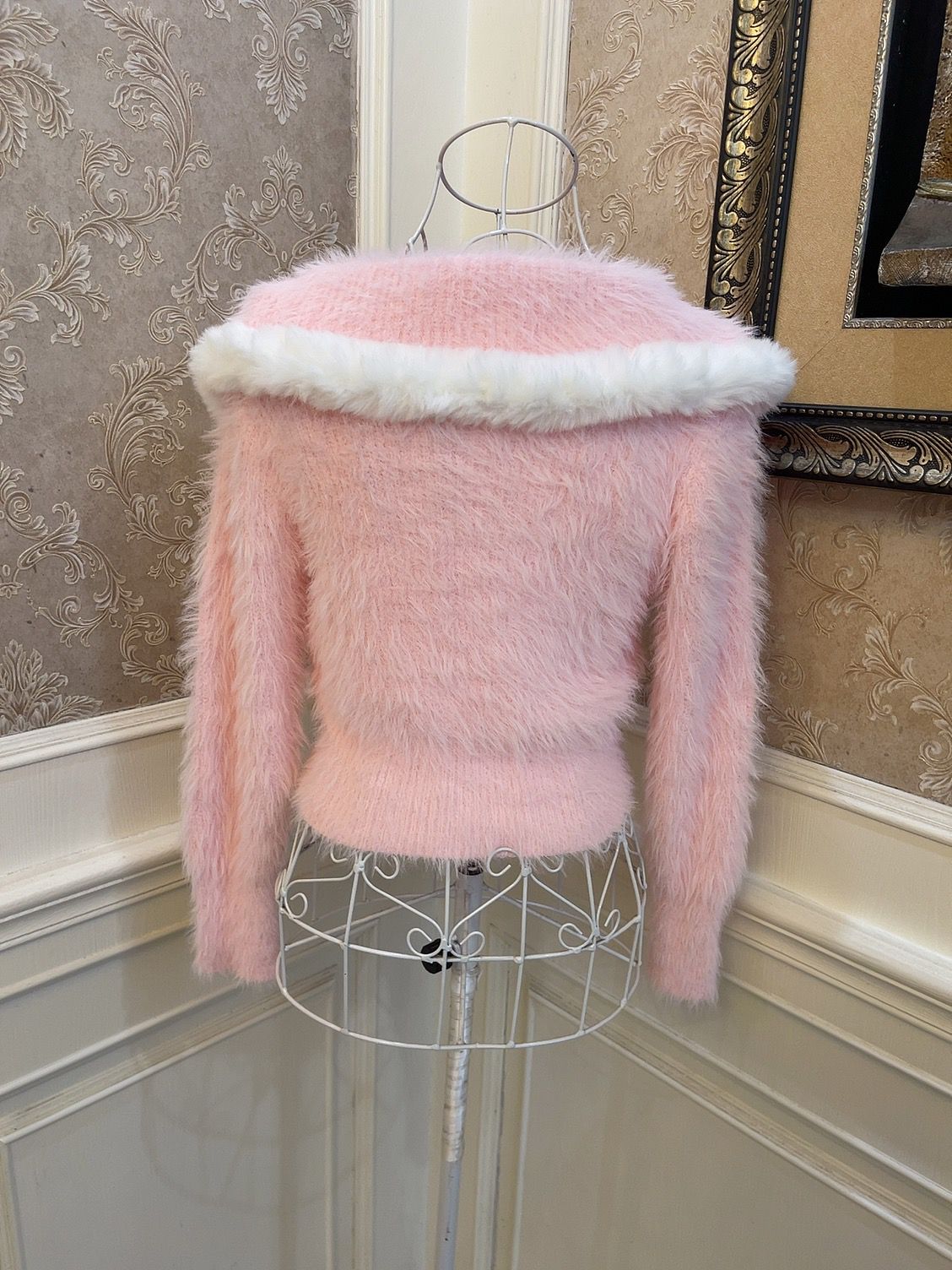 Sweetheart Princess Winter Plush Fuzzy Pink Sweater Pompom Balls & White Ruffled Skirt Two Piece Set