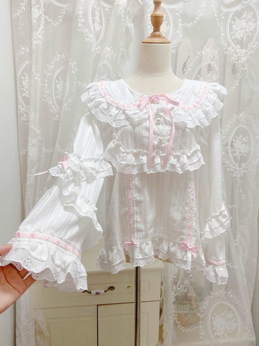 Candy Fairy Lolita White Doll Collar Lace Pink Bow Ruffled Long Sleeve Blouse Shirt