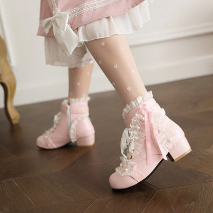 Princess Ribbon Lace Pink Black White Winter Zip Up Little High Heels Boots