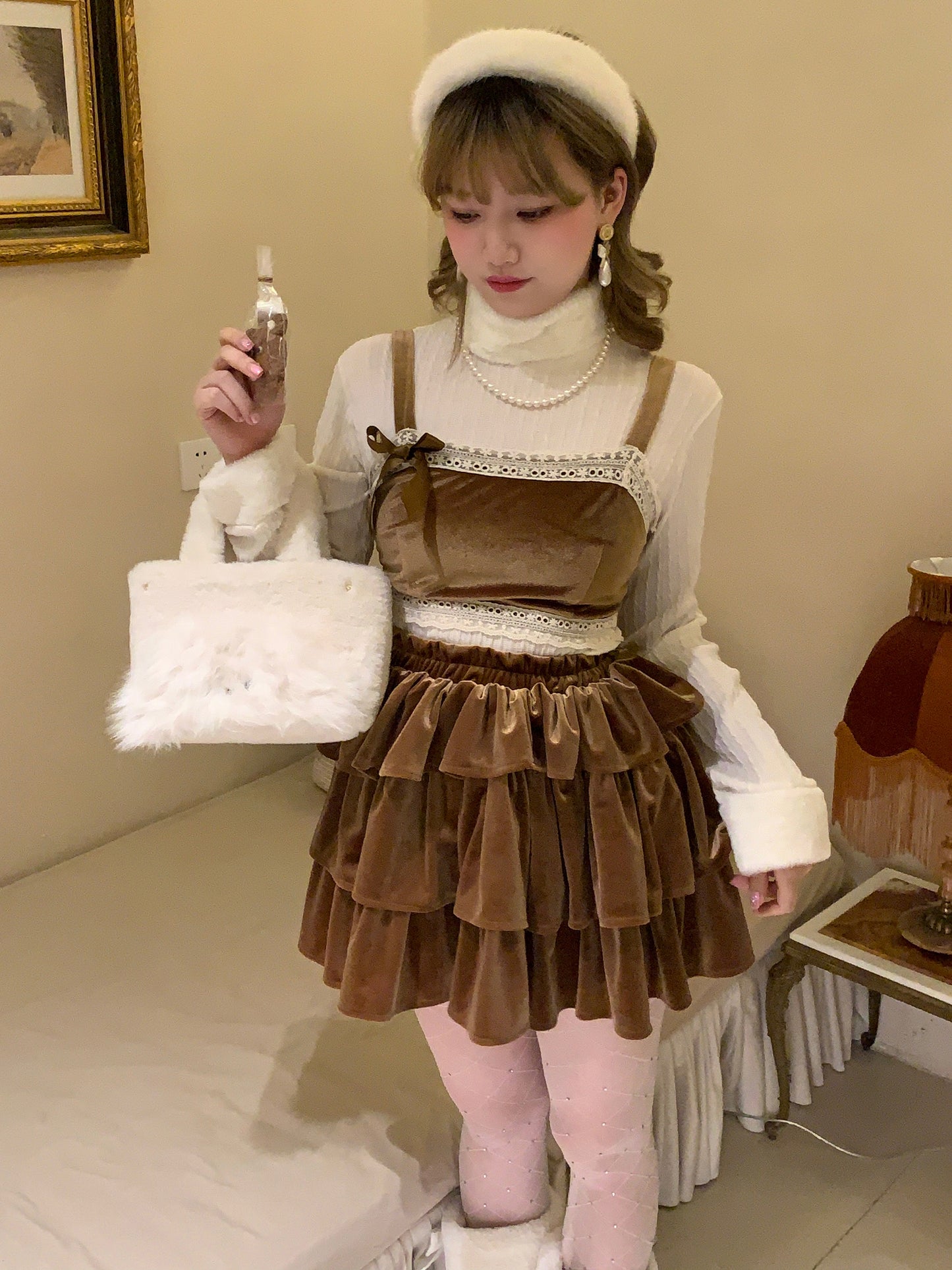 Picnic Girl Winter Coffee Brown Velvet Camisole Skirt Sweater Three Piece Set