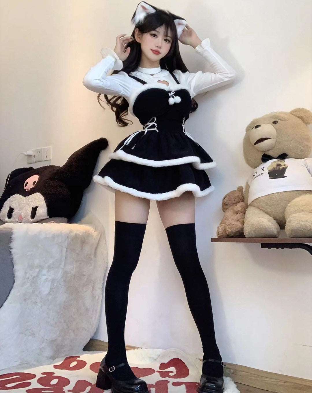 Christmas Love Lolita Winter Plush Strap Ruffled Black Dress & Skirt & Shirt Three Piece Set