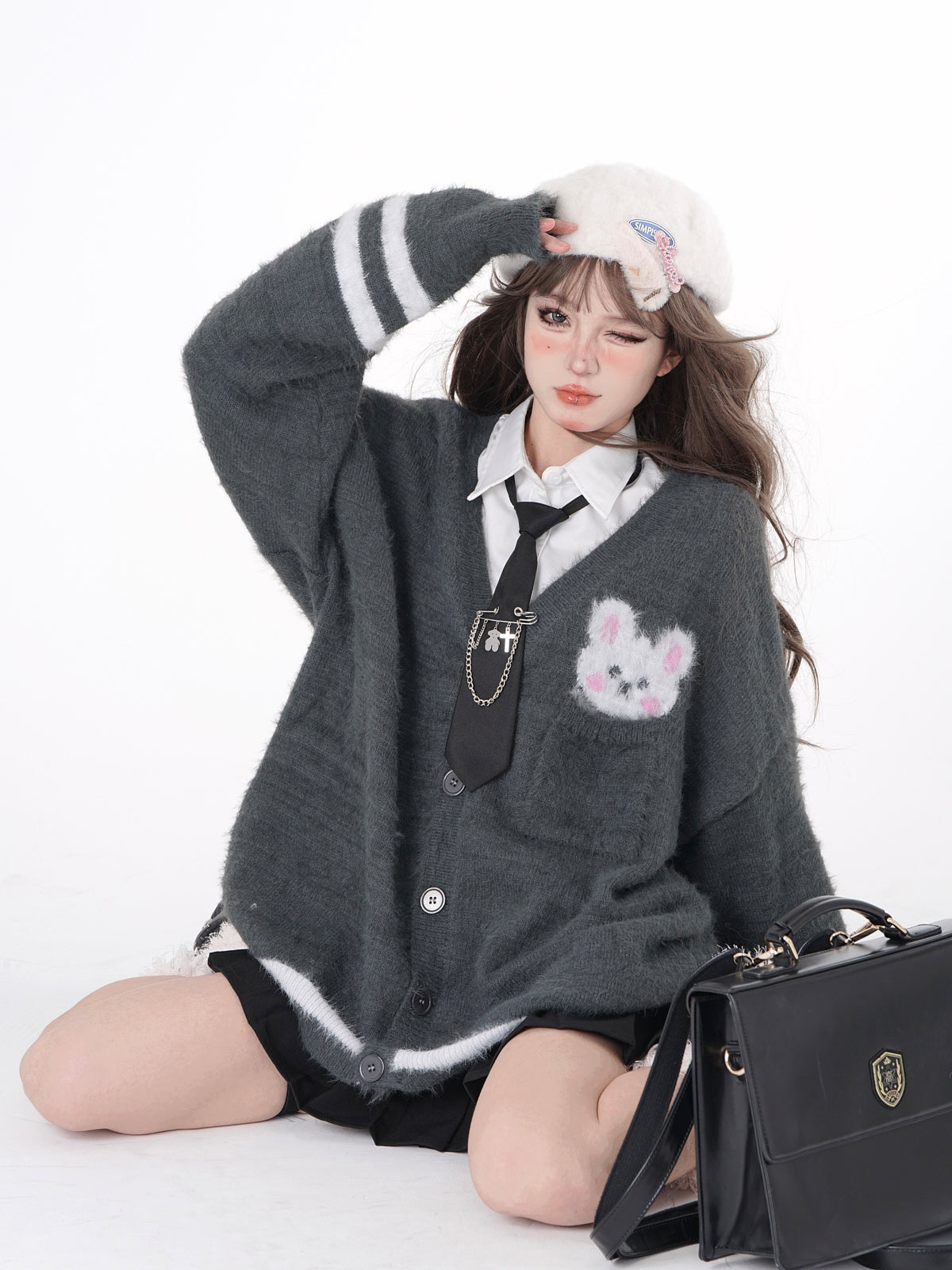 Young Eyes Cute Rabbit Fuzzy Knit Black Gray V Neck Cardigan