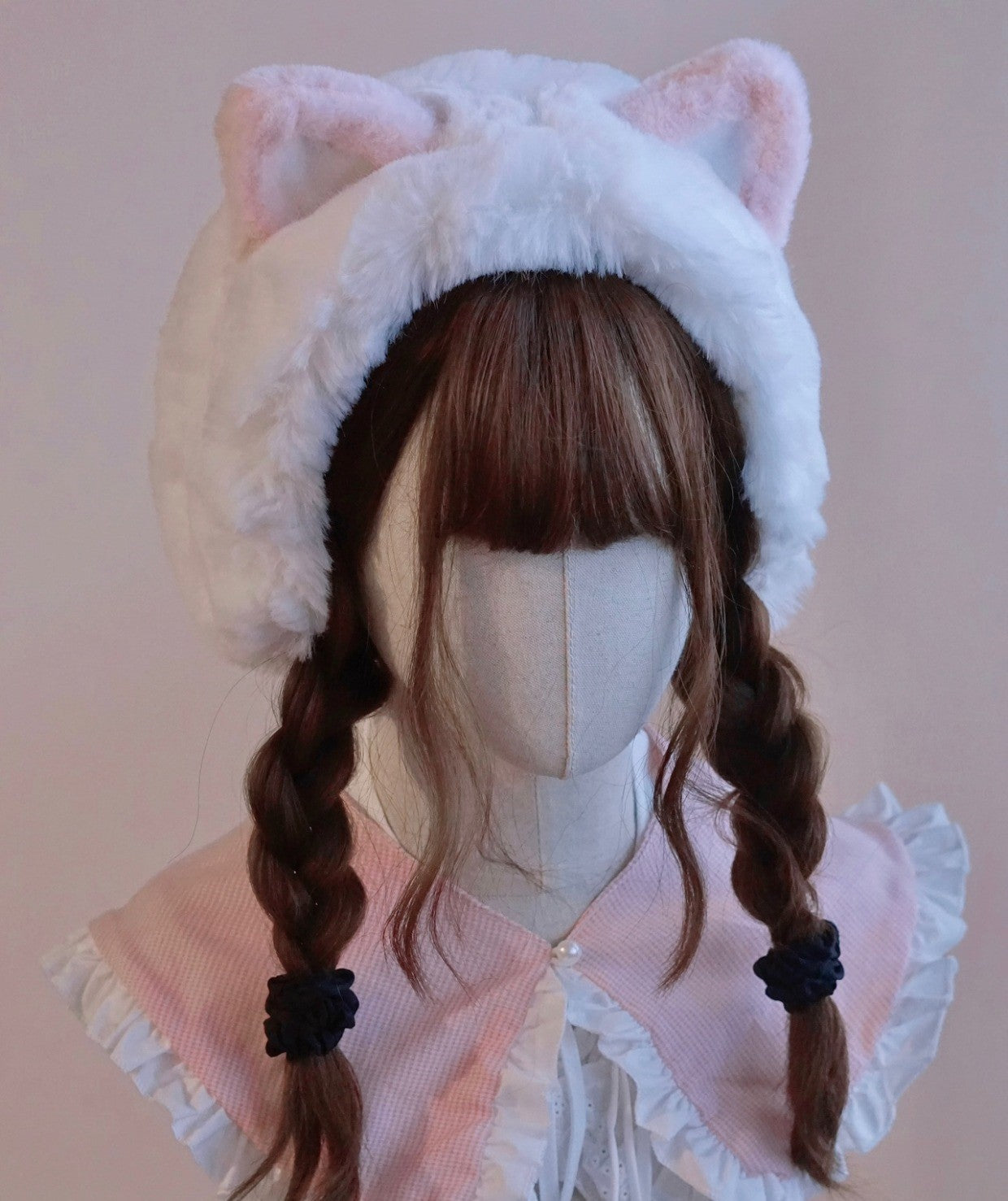 Cute Autumn Fall Handmade Lolita Cat Ears Pink White Imitation Faux Fur Hats