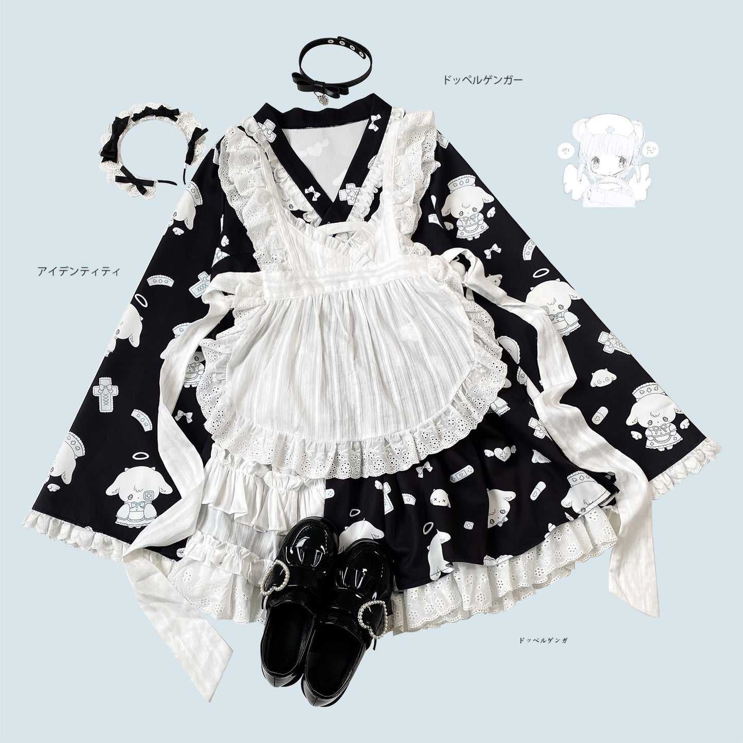 Kitten Bullet Healing Therapy Blue Black White Kimono Apron Skirt Three Piece Set