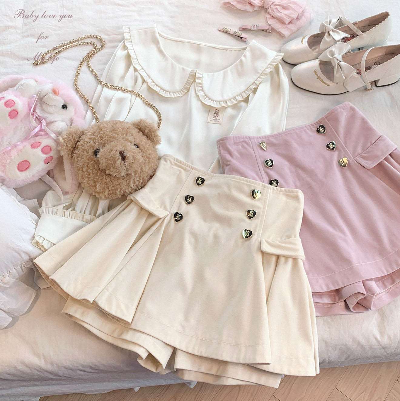 Bear Souffle Sweet Pompom Balls Shirt Blouse & Purple Beige Strap Dress & Skirt Three Piece Set