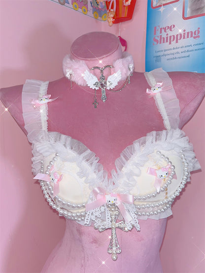 Coquette Sexy Y2K Bow Kitty Lace Pearl Pink Cream Bra Lingerie