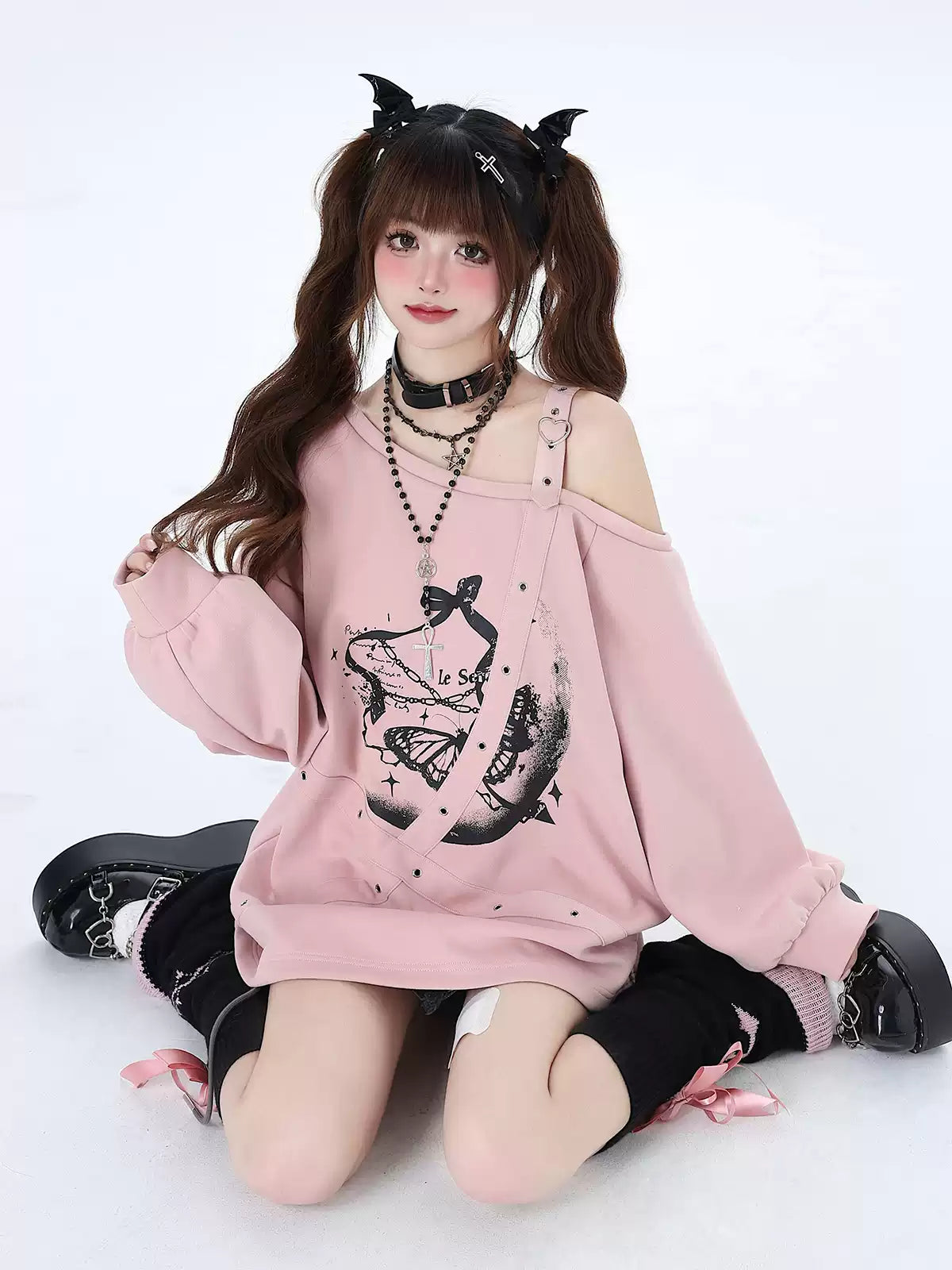 Crazy Girl Butterfly Effect Strap Pink Black Sweatshirt