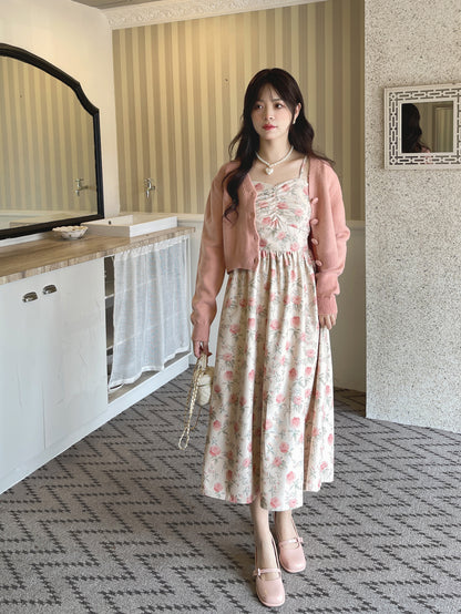 Ruellia Spring Rose Floral Strap Dress & Pink Cardigan Two Piece Set