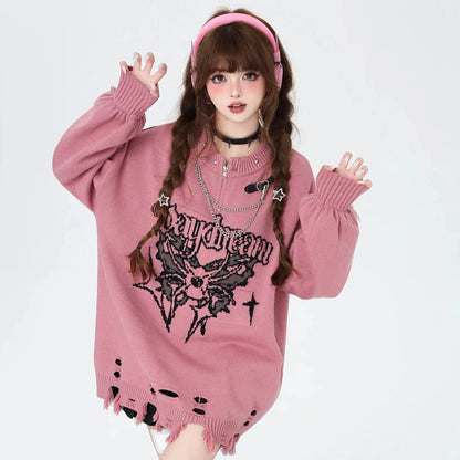 Crazy Girl Daydream Butterfly Black White Pink Red Knit Sweater