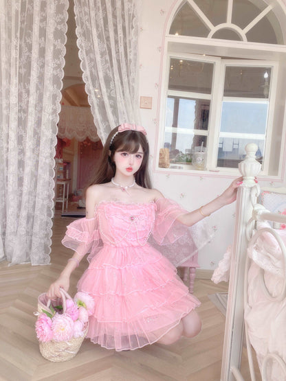 Candy Fairy Sweet Princess Pink Ruffled Layered Cake Short Dress