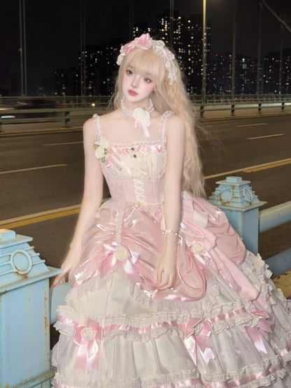 Flying Diary Flowers Letter Pink Lolita Long Dress