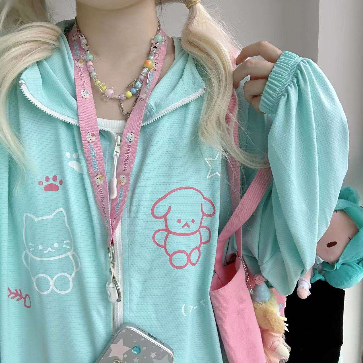 Cute Pink Green Y2K Puppy Cat Angel Devil UV Hoodie Jacket