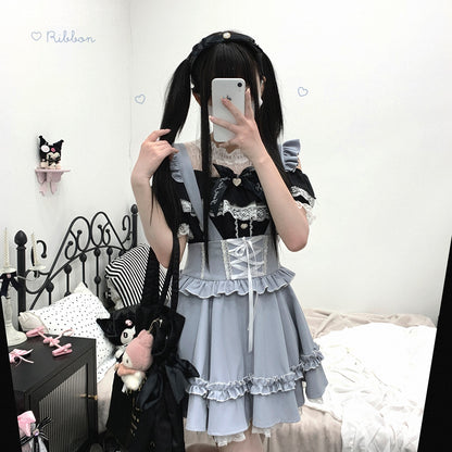 Kitten Bullet Jirai Kei Strappy Cake Lace Pink Black Blue Suspender Skirt