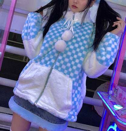 Winter Plush Velvet Checkerboard Blue White Jacket